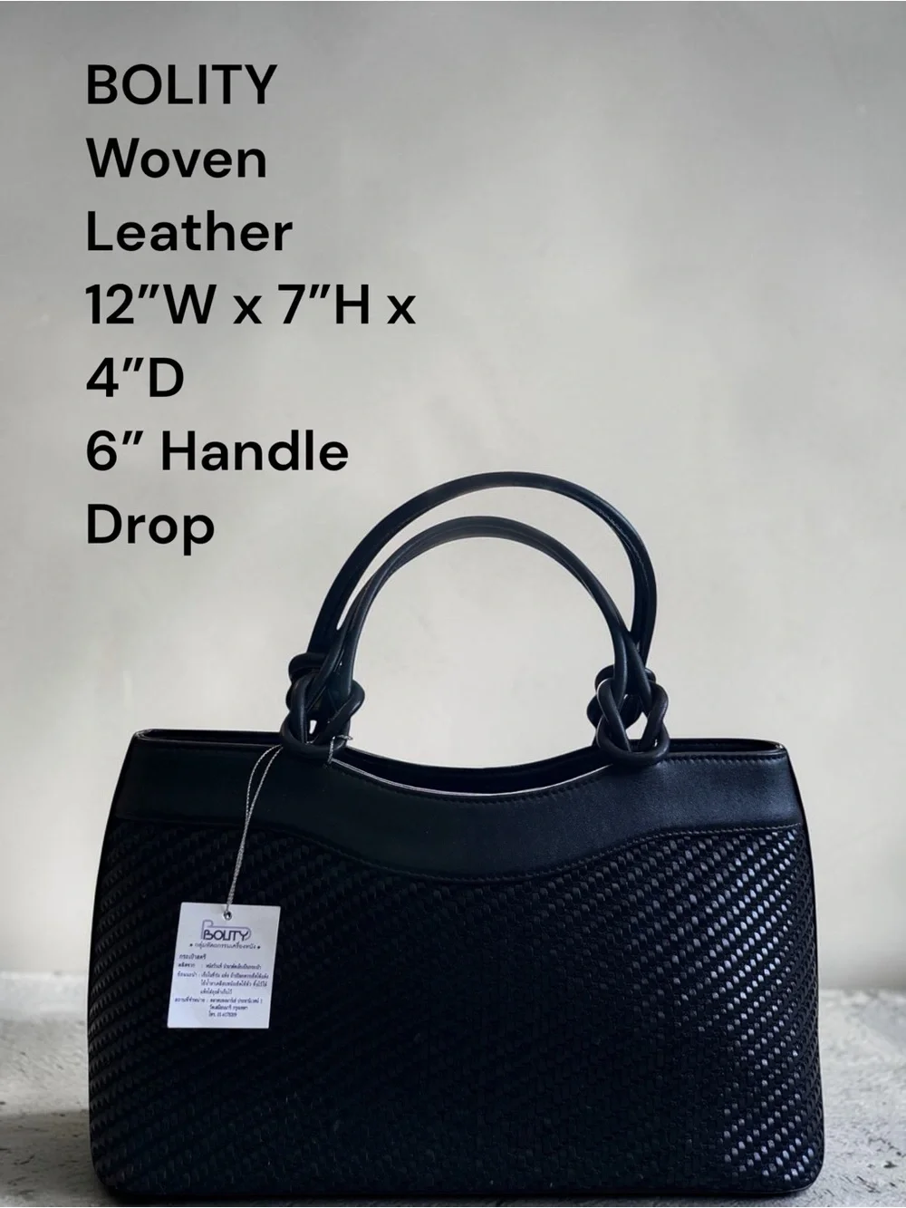 BOLITY Black Woven Leather Satchel Tote Bag Handle Purse Thailand Handmade NWT